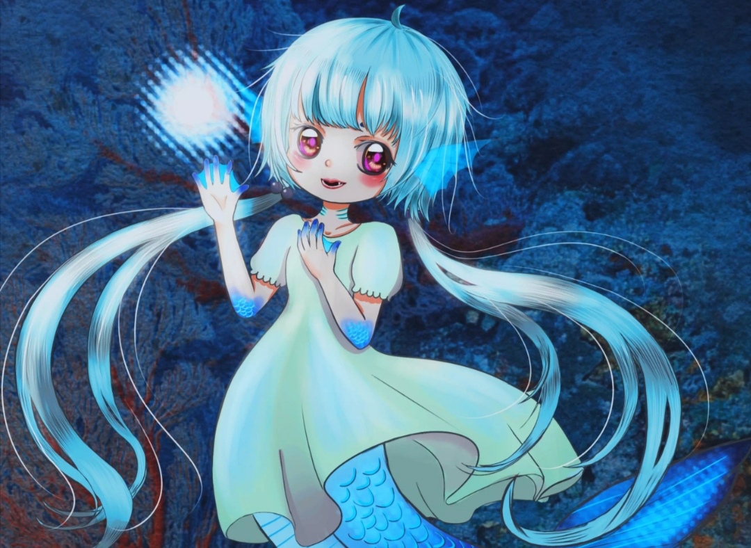 画中最常出现的人物,是一个蓝发红眸爱笑的小女孩,她有时候变成美人鱼